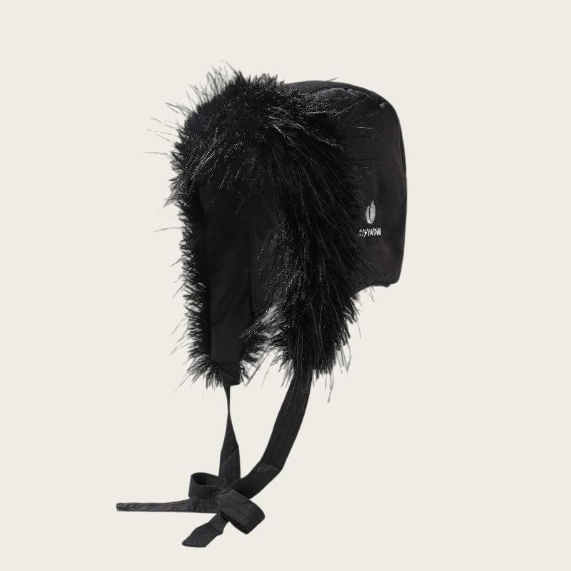 

Winter Fur-Trimmed Cold-Weather Women Outdoor Windproof Ear-Warming Thermal Beanie Lightweight Plush Down-Filled Cotton Hat One Size