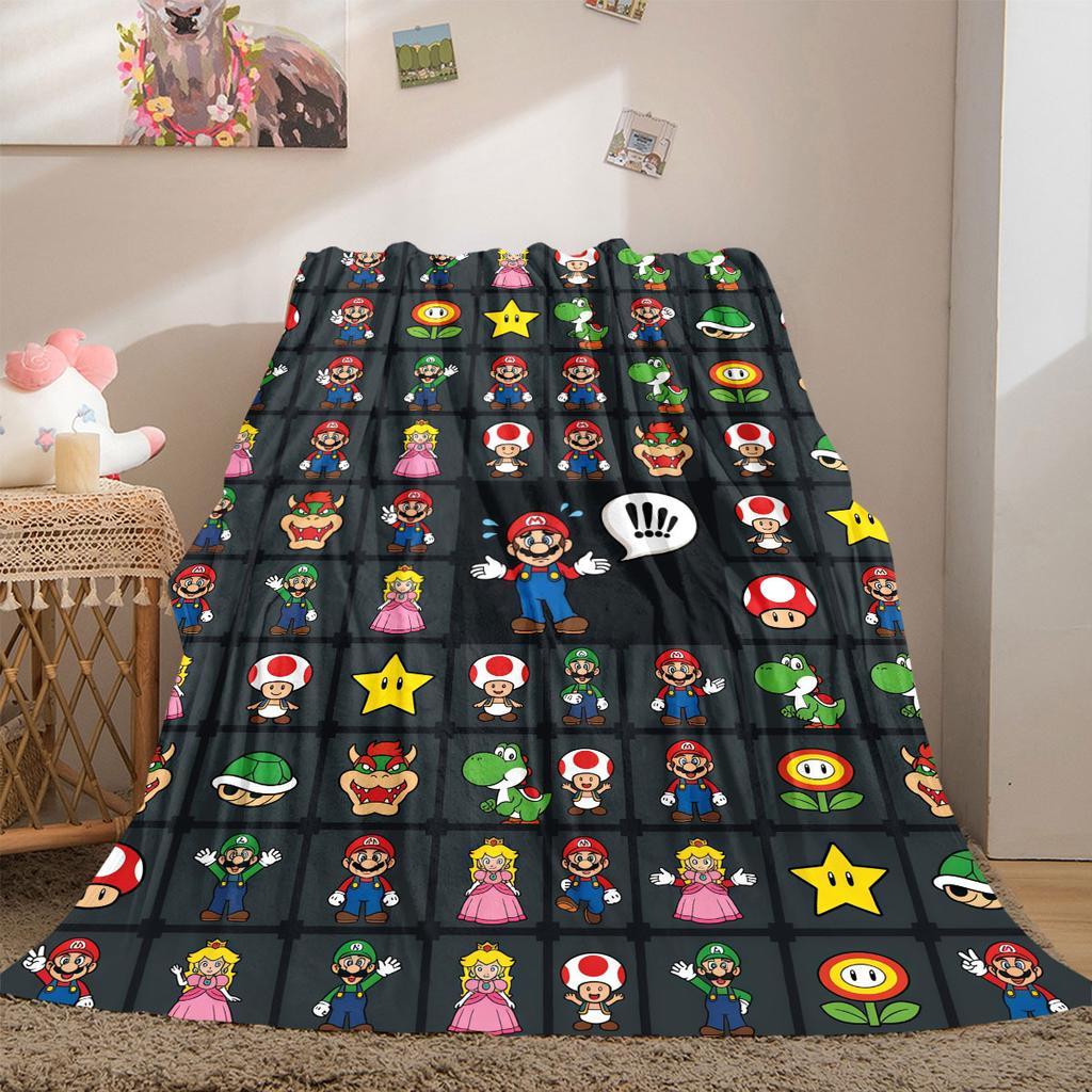 Super Mario Classic 2D Cartoon Flannel Blanket, Printed Pattern for Sofa Bed, Warm Picnic Travel Throw_LIAN