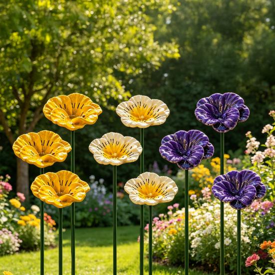 Nostalgie Bee Water Feeder, Handmade Ceramic Flower Garden Stake, Mini Pollinator Watering Station, Small Bird Bath Butterfly Feeder for Outdoor Yard