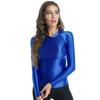 M-XL Women's Glossy Yoga Top: O Neck Long Sleeve Solid Color Slim Fit Breathable T-Shirt for Athletic Wear