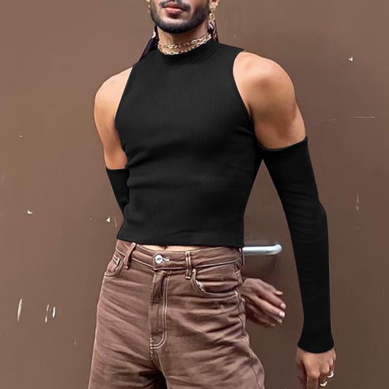 

2026 Men s Off-Shoulder Long Sleeve High Neck Hollow Casual T-Shirt S чорний