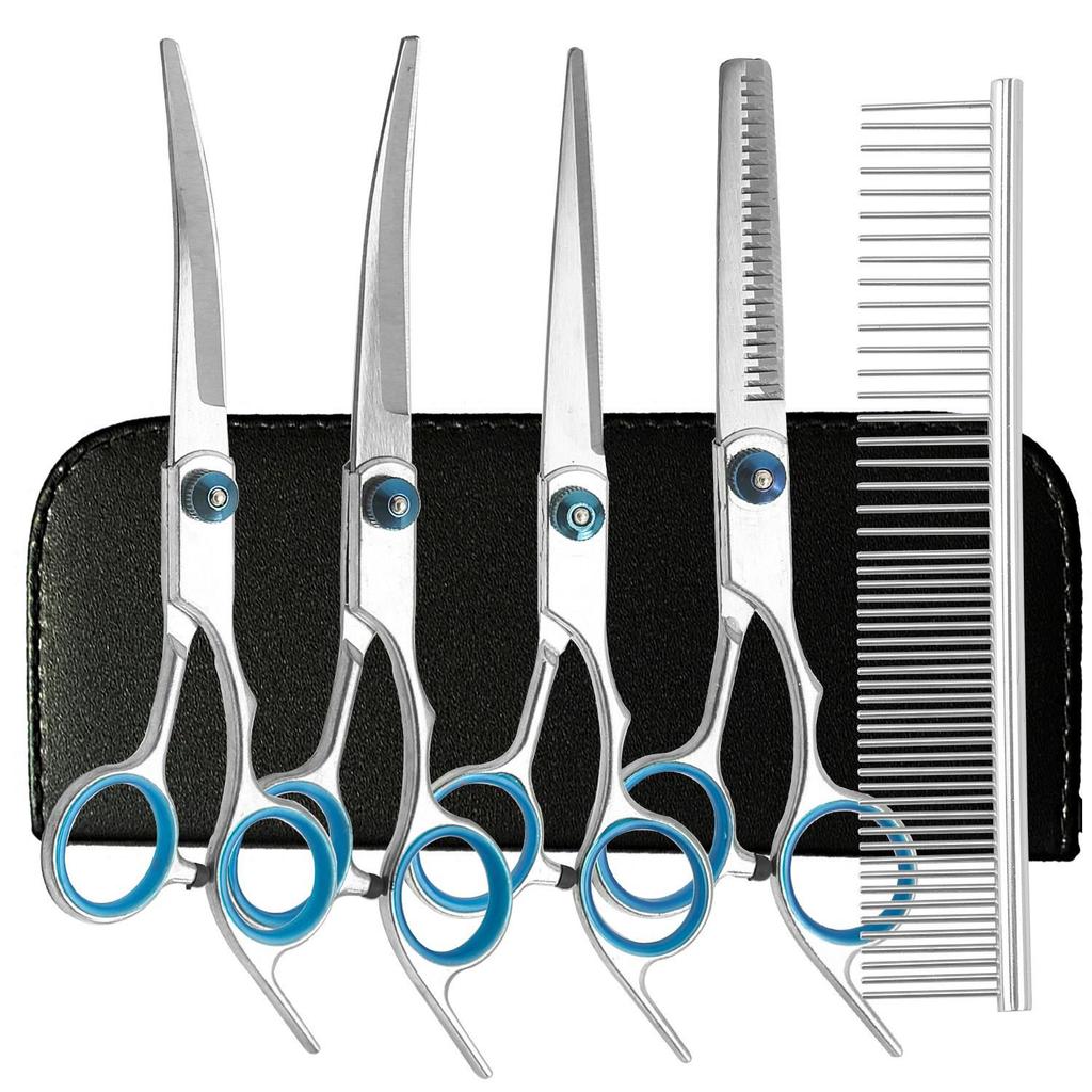 Portable Pet Grooming Scissor Set: Flat & Curved Hairdressing Tools
