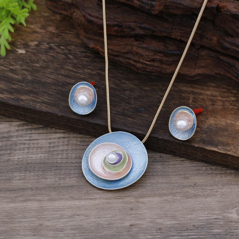 New enamel color irregular flower stud earrings pendant set women's fashion simple petal versatile necklace