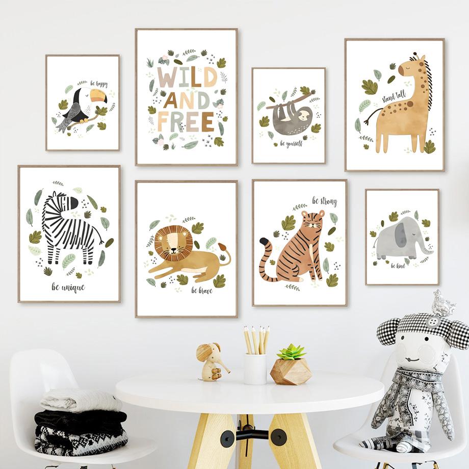 Słoń Lew Zebra Żyrafa Tygrys Dżungla Dekoracja Ściany do Pokoju Dziecka Plakat Płótno Plakat Nordycki Wystrój Scandi Obrazy Pokój Dziecięcy