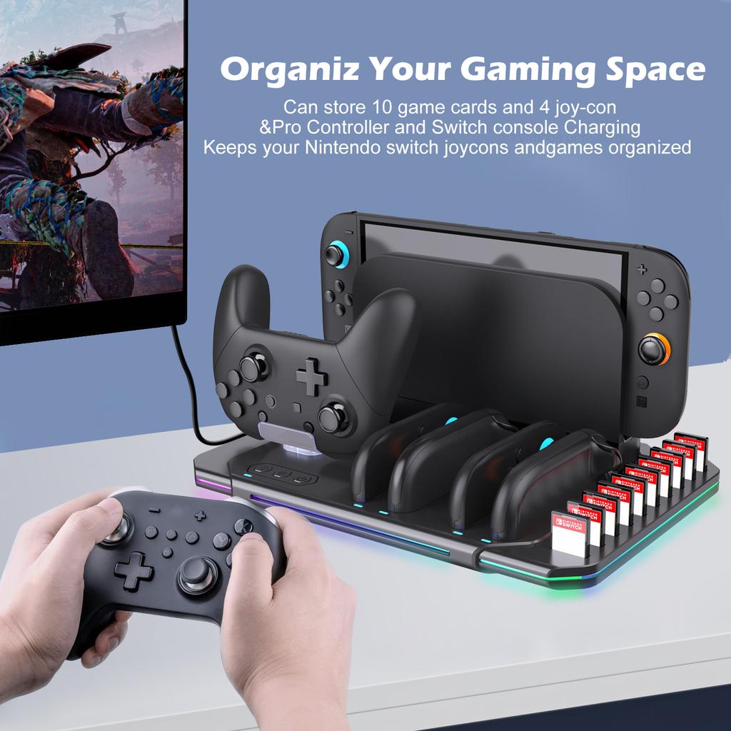 Wielofunkcyjny stojak chłodząco-ładujący SW2139 dla Switch 2 z wentylatorem chłodzącym, 10 slotami na karty do gry i oferujący 9 regulowanych efektów świetlnych