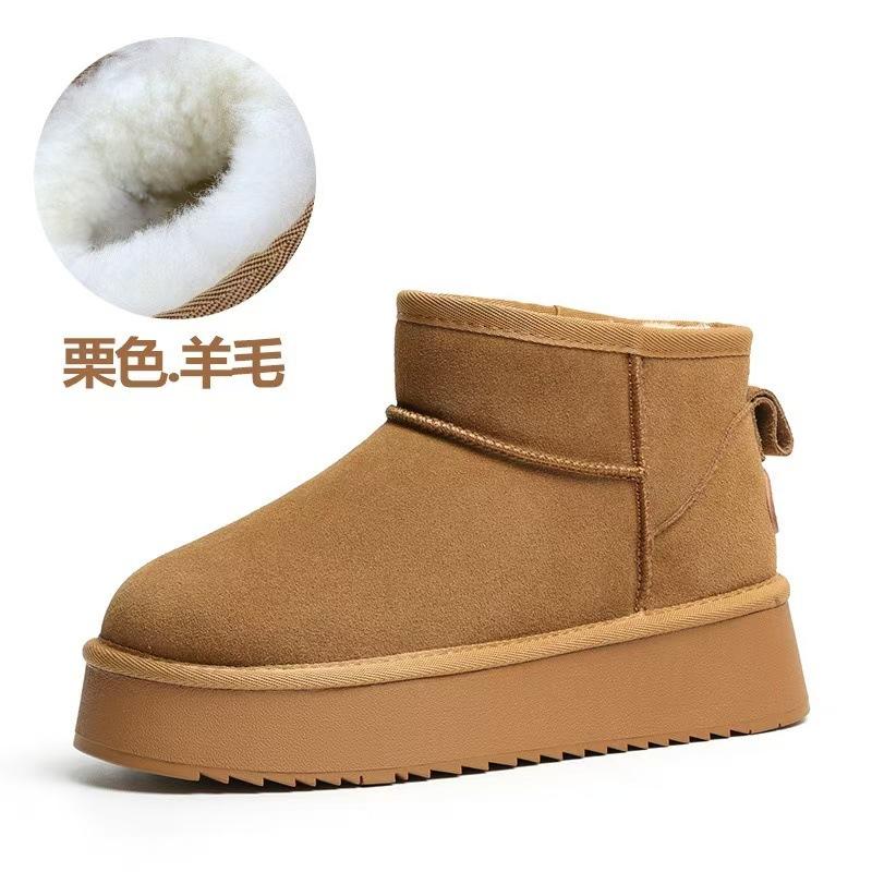 Snow boots women, winter fashion versatile platform bread shoes leather velvet thickened snow cotton