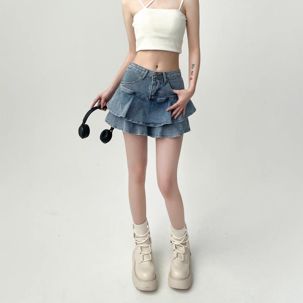 

2025 Women s High Waist Spicy Denim Midi Skirt - A-line Ruffle Wrap XL