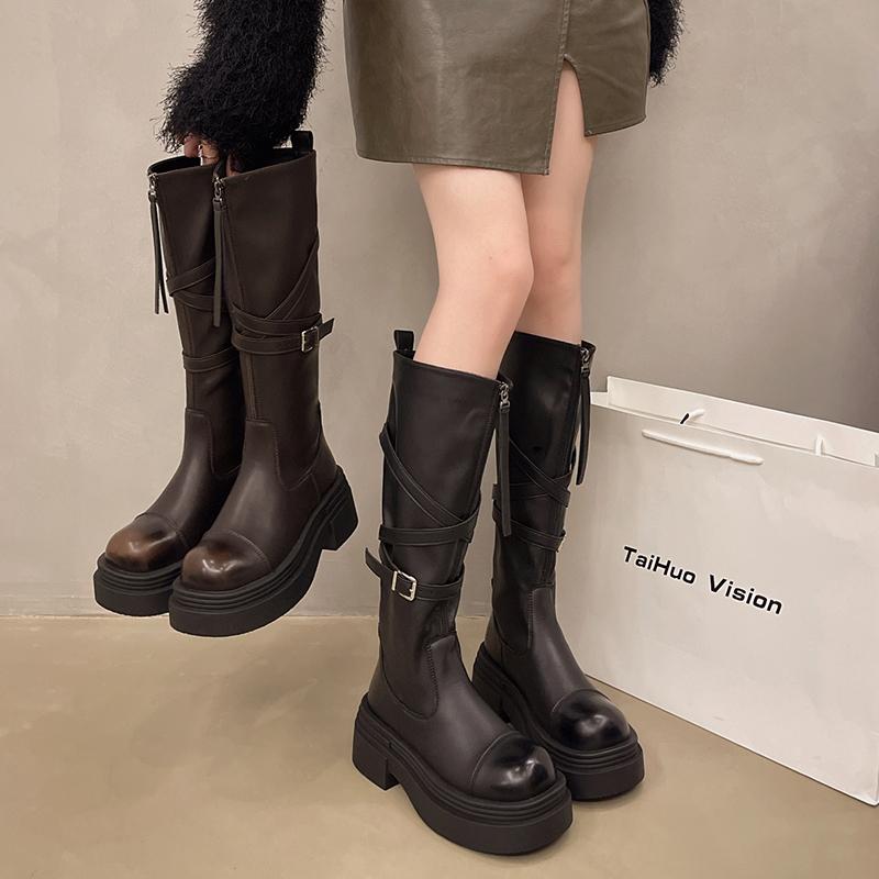 Damen Hohe Stiefel Frau Rutschfeste Gürtelschnalle Winter PU Leder Kniehohe Stiefel Damen Klobige Plateaustiefel Lange Stiefel 5452