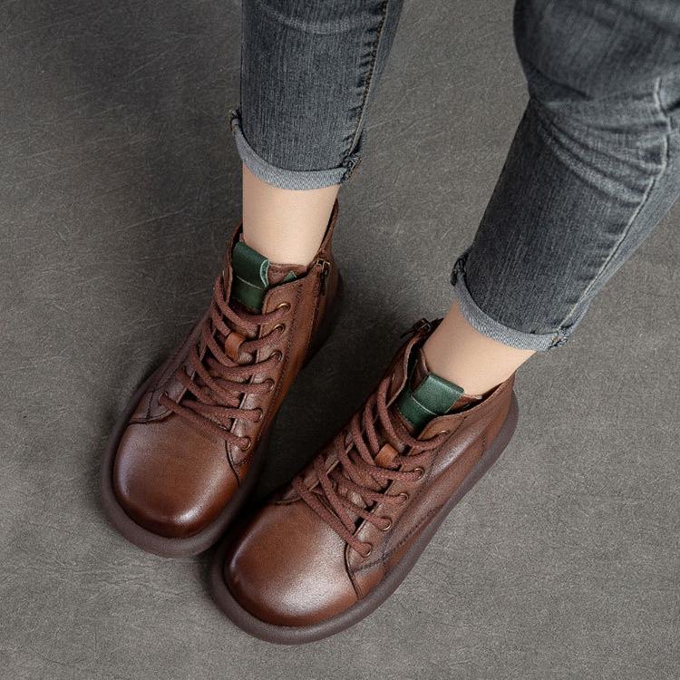 Johnature Oryginalne skórzane botki retro na co dzień, jednolity kolor, miękka podeszwa, krótkie buty, uniwersalne buty damskie