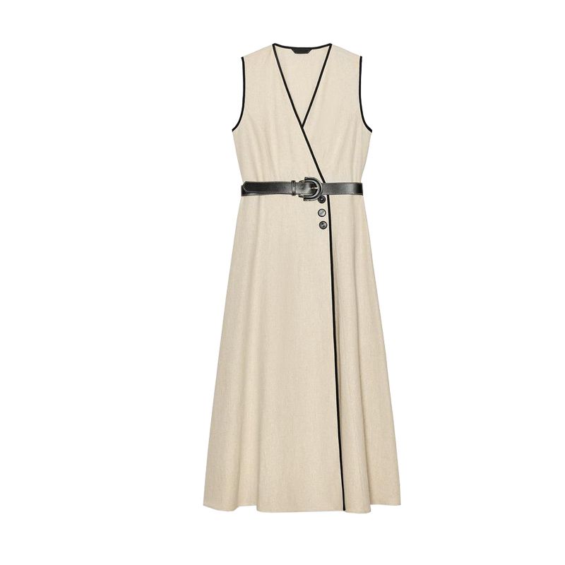 Summer New Product Women's Clothes French Contrast Color Trim Double Breasted V Neck with Belt Midi Skirt Dress 3655939