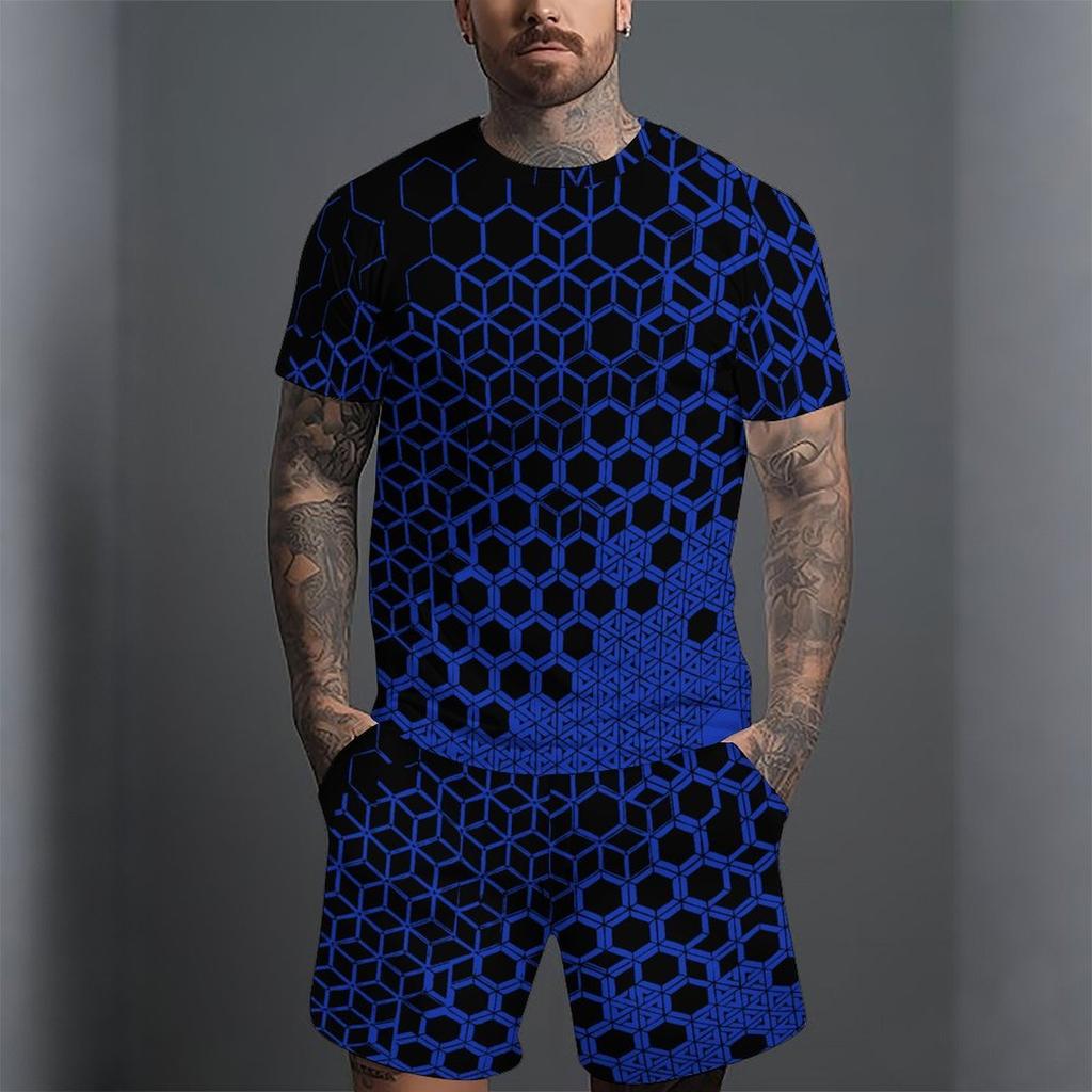 Men Gold White Geometric Triangle 3D Print Short Sleeve Tee And Matching Shorts Two Piece Outfit