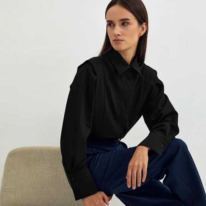 Autumn New Style Right-Angle Shoulder White Shirt Women'S Fashion European And American Commuting Elegant Design Sense Niche Long Sleeve Shirt Top