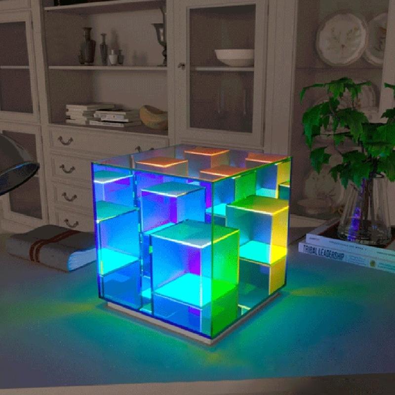 Modern Mood Lamp 3D Cube Table Lamp Acrylic Glass 3D Cube Visual Lighting for Bedroom Living Room Coffee Shop Decor