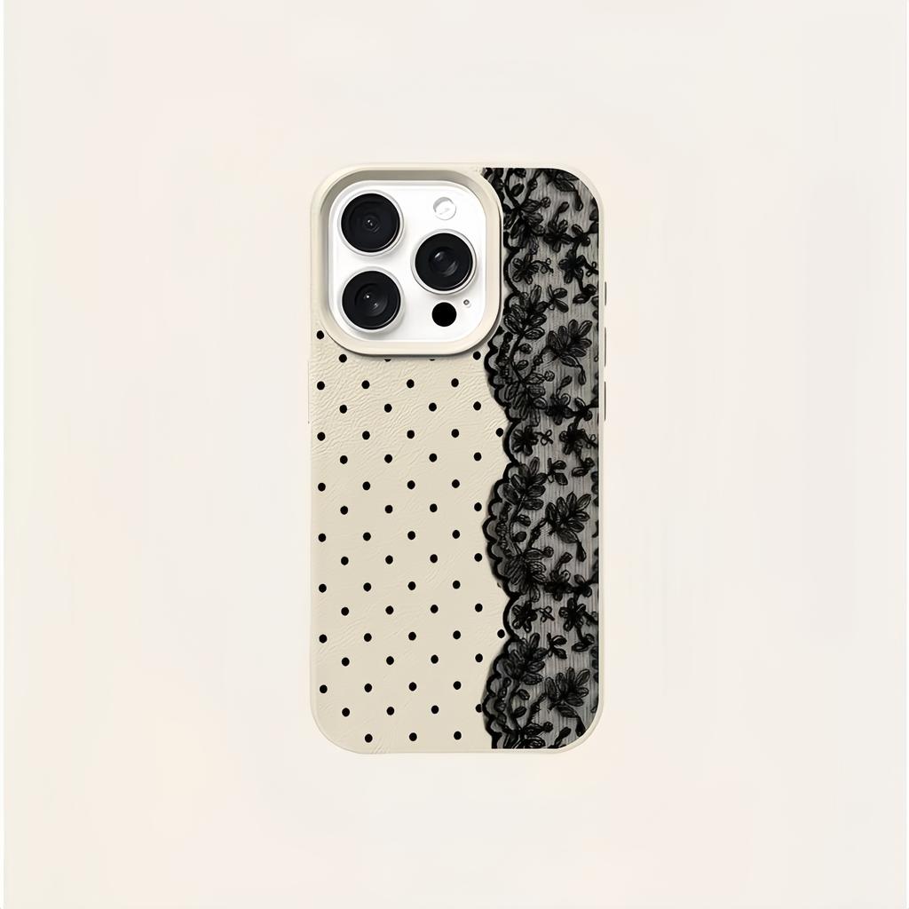 Black Polka Dot with Right Lace Pattern Lychee Texture TPU Phone Case, Full Package Fashion Cover for iPhone 17 Pro Max 16 15 14 13 12 11, 1pc
