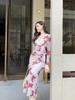 Elegantes V-Ausschnitt Netzkleid mit Print: Hohe Taille, Schlankmachender Falten-Schlitz, Langarm Bodycon Rock