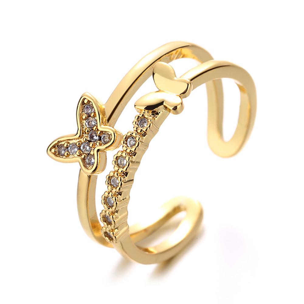 Gold Color Double Layered Butterfly Charms Adjustable Rings For Women Paved Diamond Copper Finger Accessory