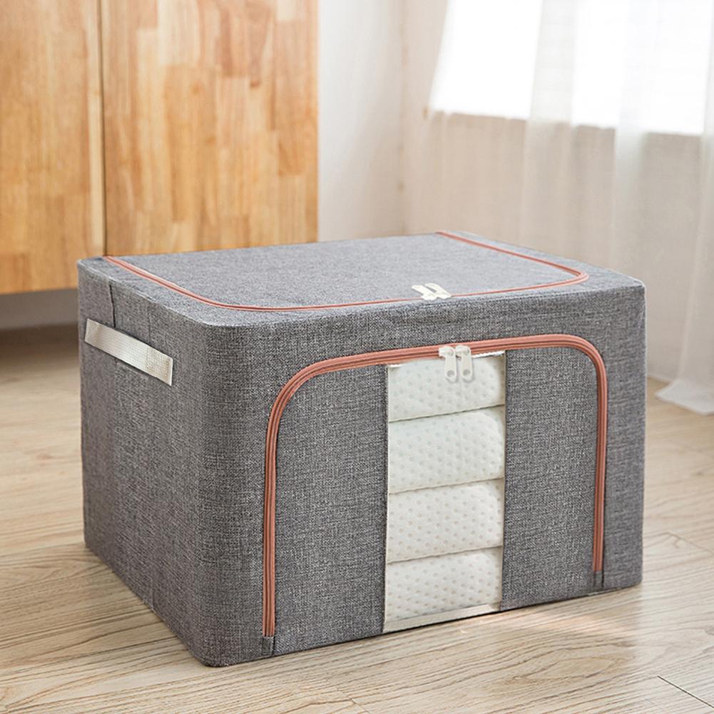 Quilt Blanket Closet Clothing Organizer 24L Capacity Stackable Storage Bag with Metal Frame Linen with Zipper for Duvets Clothes