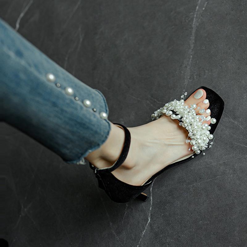 Handmade~ Super beautiful self-retention~ Pearl sandals fairy style sexy thin heel one-word buckle high heels female summer