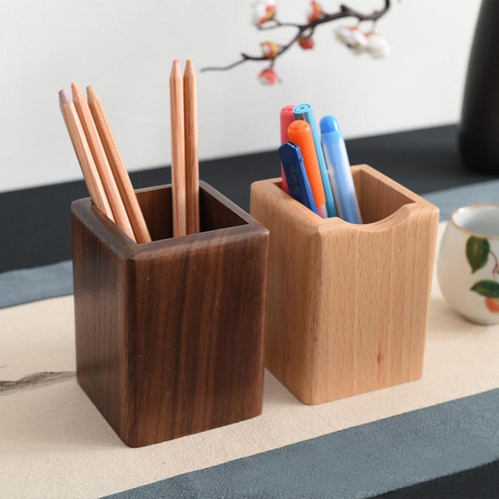 Large Capacity Wood Storage Box Multiple-use Pen Holder Cup Stationery Desk Organizer School