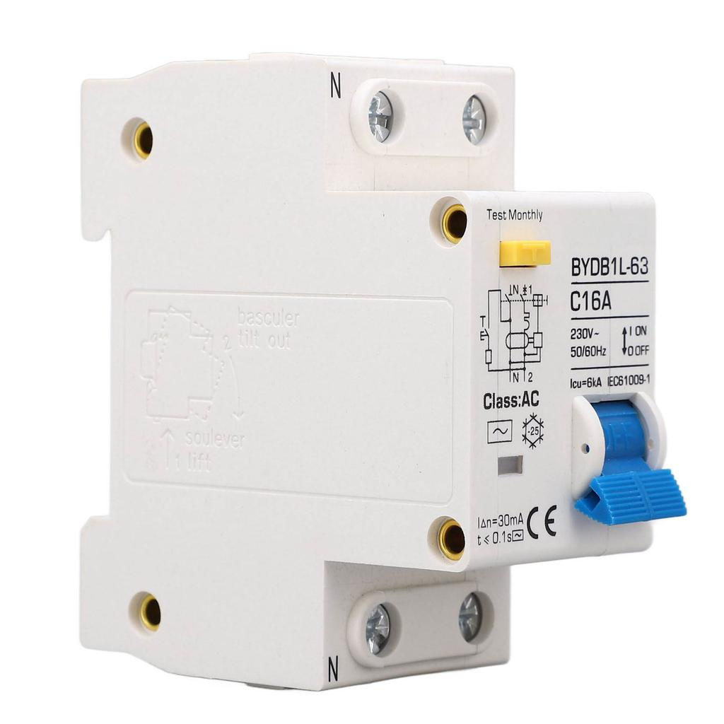 Circuit Breaker 1P+N AC 230V 16A Residual Current Earth Leakage Protection Switch DIN Rail Mounting