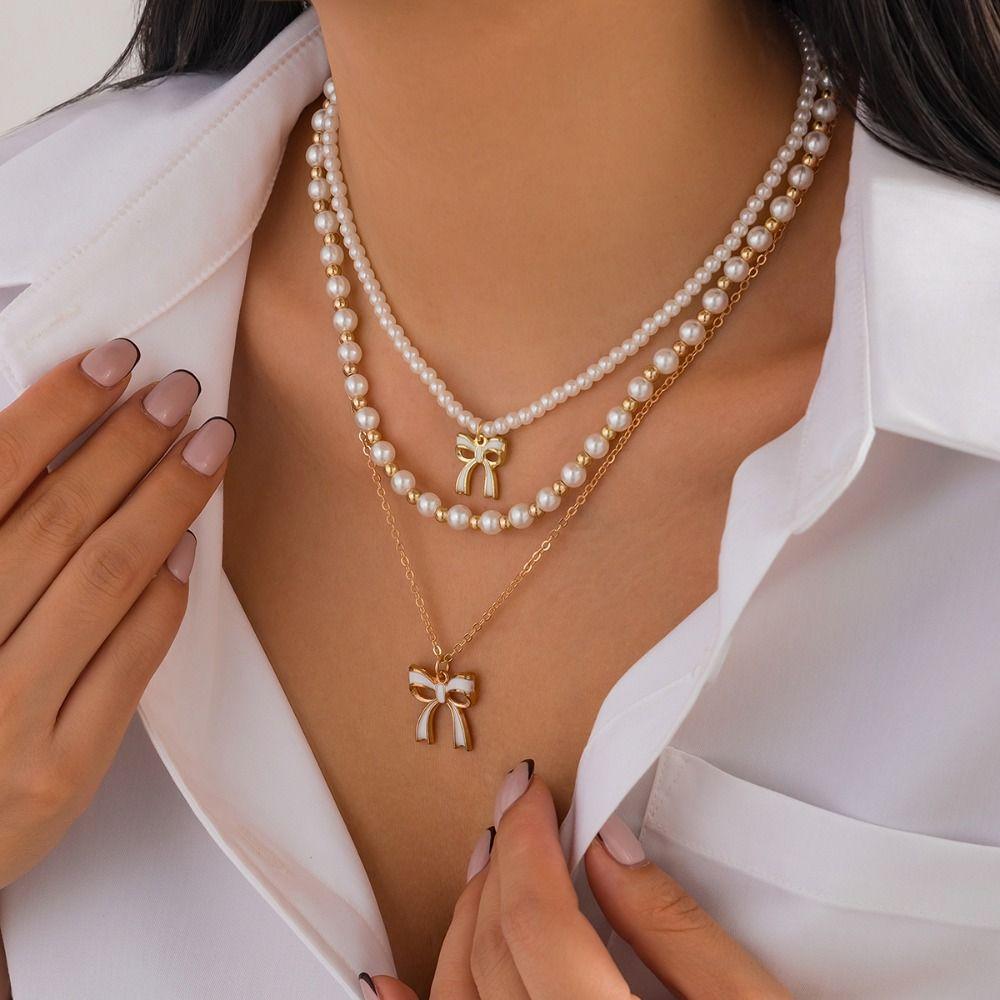 Sun Moon Star Clavicle Chain Women Bead Bowknot Clavicle Necklace Y2K Multilayer Necklace Ladies