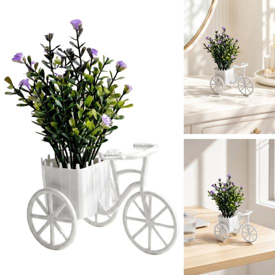 Fake Gypsophila Plant, Rustic Style Pink/Purple Flower Three-Wheel Cart Figurine, Simulated Small Flowers Desktop Home Decor Display Ornament