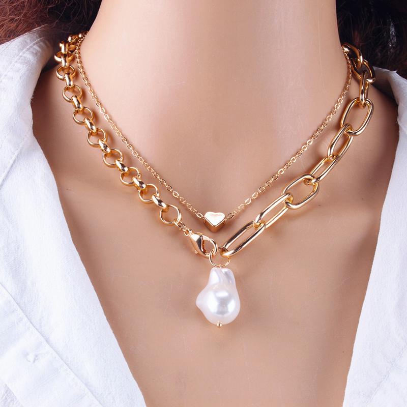 Fashion Chain Pearl Necklace For Women Baroque Pearl Metal Charm Pendant Necklaces Choker Snake Chain Zircon Gold Copper Color