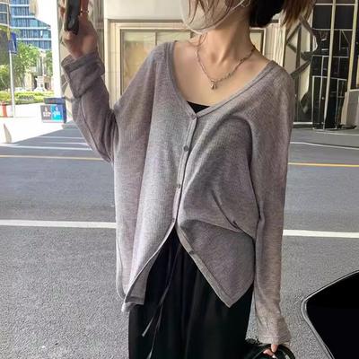 Spring Autumn Cardigan Coat V-neck Long Sleeve Single Breasted Coat Solid Color Loose Fit Thin Jacket Daily Wear