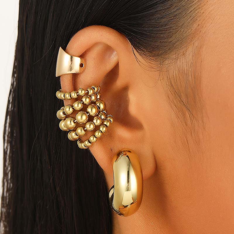 Exaggerated Metal Wide Clip Earrings Set For Women Simple Silver Color C-Shaped Half Circle Beaded Ear Cuff Jewelry Gift