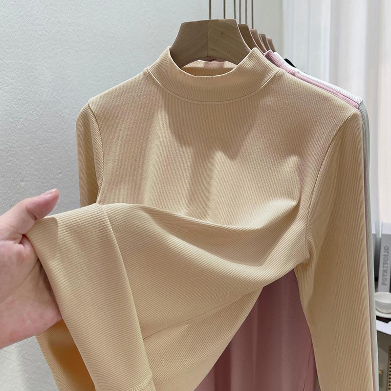 Long-sleeved t-shirt women's summer wear new slim-fitting and thin threaded bottoming shirt, basic small stand-up collar top for outer wear