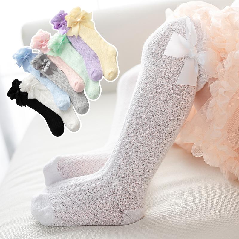 Newborn Baby Girls Socks for Kids Toddlers Girls Big Bow Knot Knee High Long Soft Cotton Summer Children Mesh Socks
