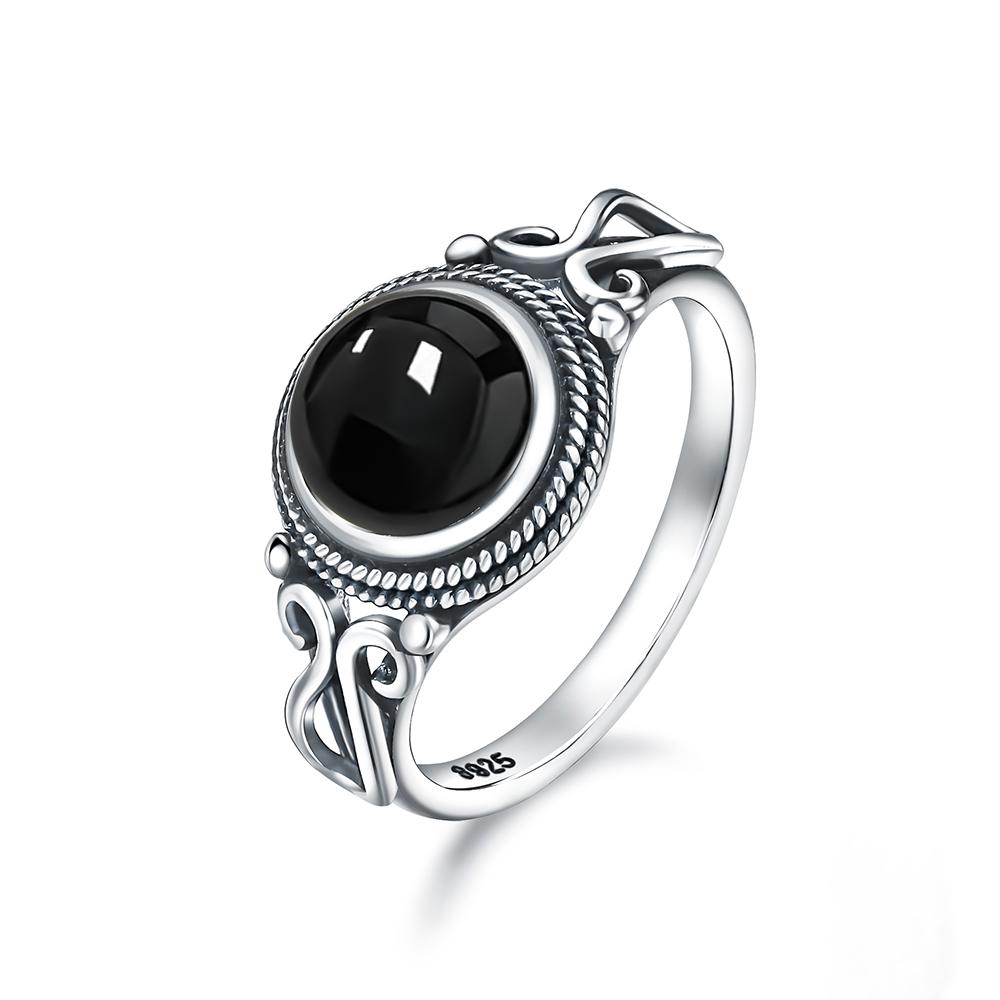 Pierścionek ze srebra sterlingowego z czarnym onykssem Vintage Prosty minimalistyczny styl Okrągły kształt Kamień naturalny Czarny pierścionek Biżuteria dla kobiet