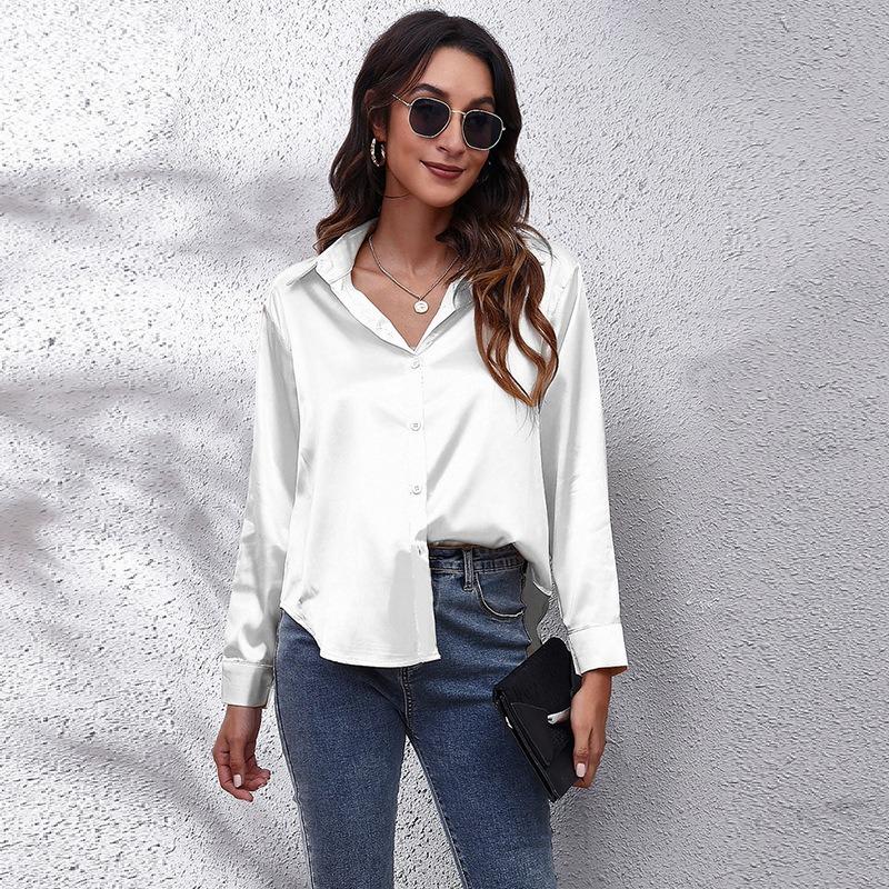 BITCED Women s Fashion Casual Solid Color Print POLO Neck Long Sleeve Blouses & Shirts S