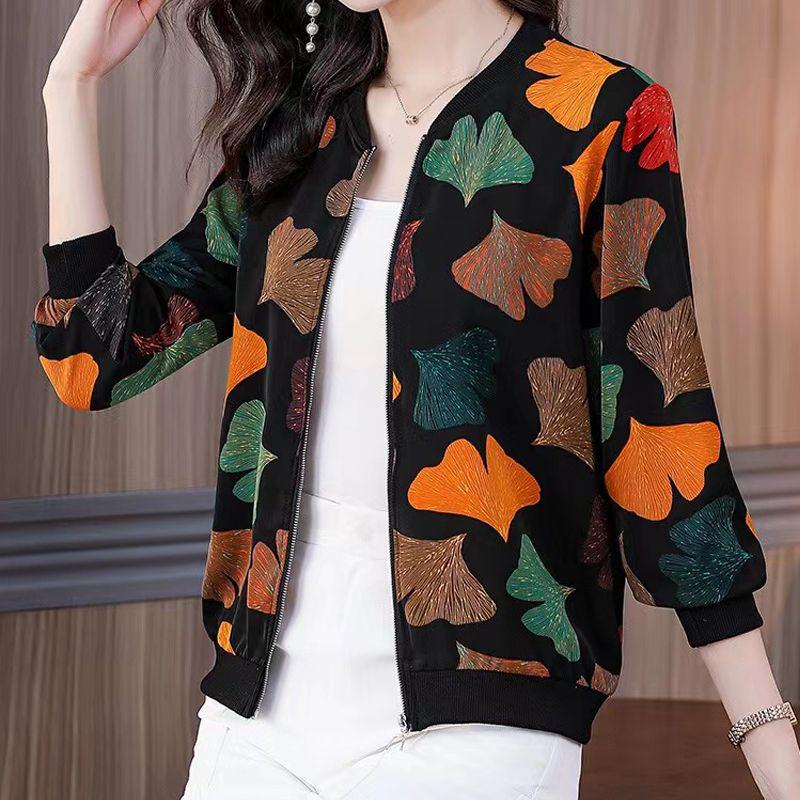 Mother's Chiffon Printed Long-Sleeve Cardigan: 2025 Spring New, Plus Size, Loose Fit, Versatile Baseball Jacket
