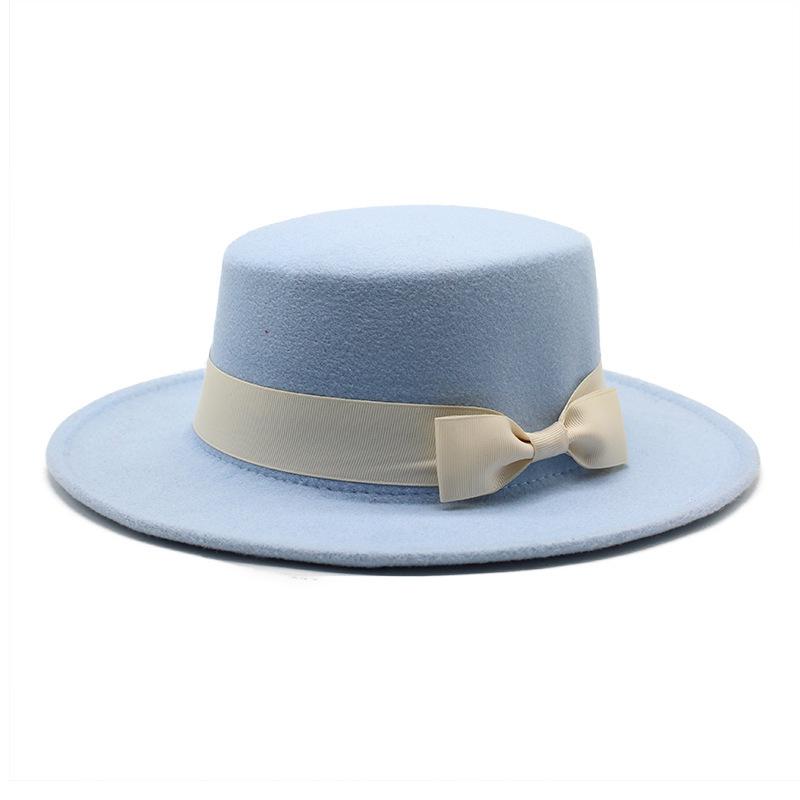 New style autumn and winter men's and women's flat-brimmed hats, fashion bows, flat-topped top hats, men's and women's woolen jazz hats