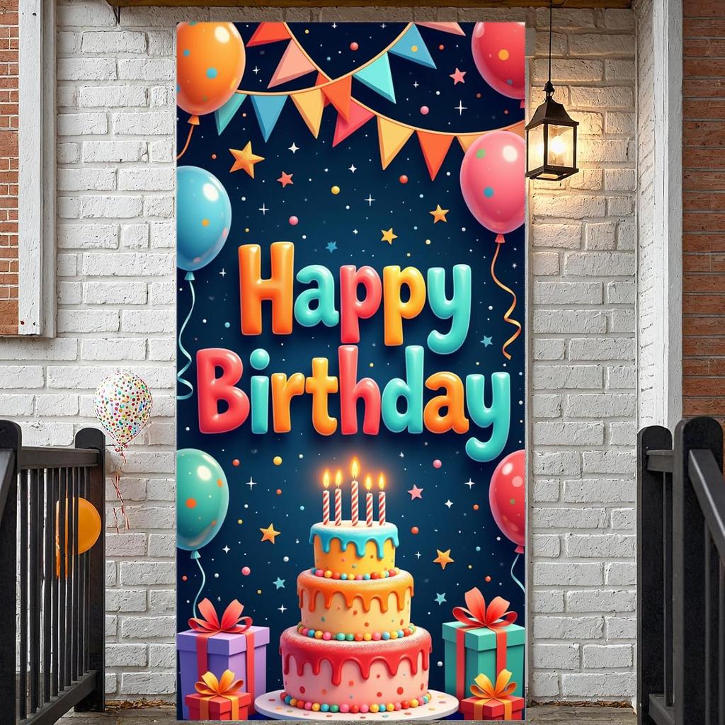 Colorful Happy Birthday Party Door Cover Banners Sign Decorations Birthday Backdrop Background with Cake Balloon Gift for Bday Party Decor Supplies