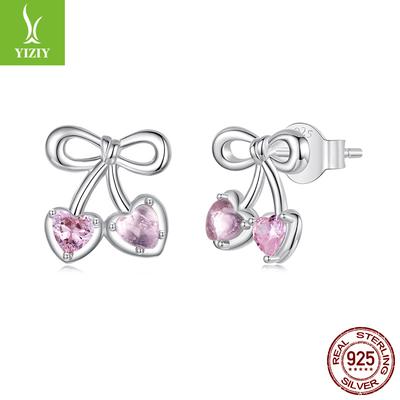Brincos de Tachinha Cereja Rosa Doce Romântico Coração Menina Prata de Lei S925 Brincos de Tachinha
