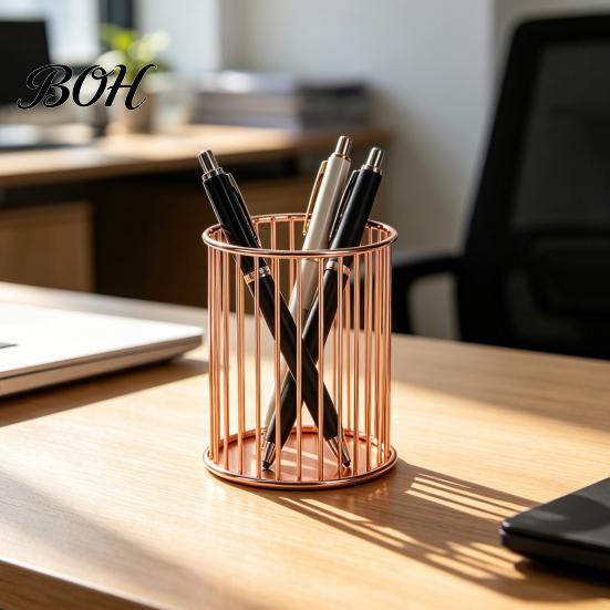 Office Desk Pen Holder Metal Holder, Nordic Organizer for Makeup Brushes, Electroplated Accessory Anti-Rust Multifunctional Storage Basket Pencils