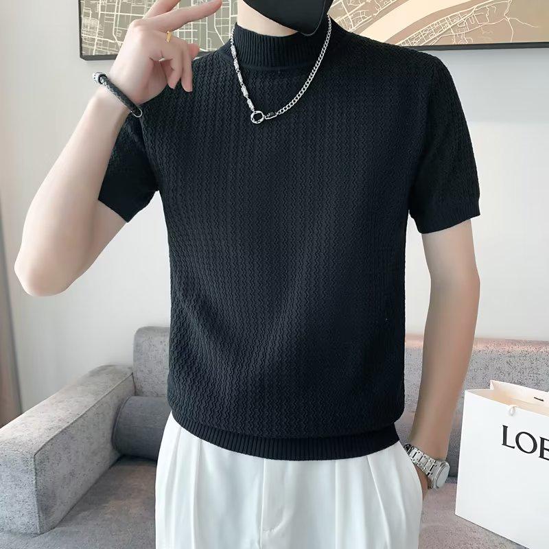 Men's Slim Fit Half Turtleneck Short Sleeve Knit Sweater - Spring/Autumn Solid Color Casual Top