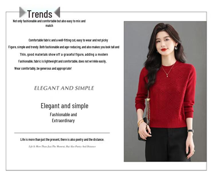 Women's Medium-Length Slim-Fit Round Neck Wool Sweater - Casual, Solid Color, Covers Belly, Perfect for Autumn and Winter.
