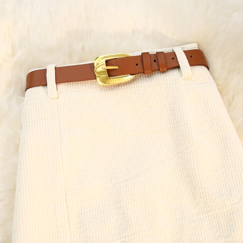 Hong Kong Style High-Waist Corduroy Split Midi A-Line Skirt with Belt for Women - Autumn/Winter