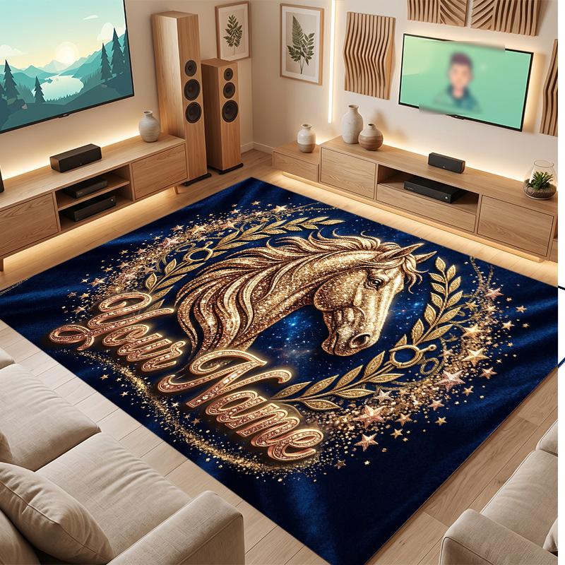 Horse Theme Soft Crystal Velvet Rug Custom Name & Text Print Non Slip Floor Rug for Bedroom Living Room