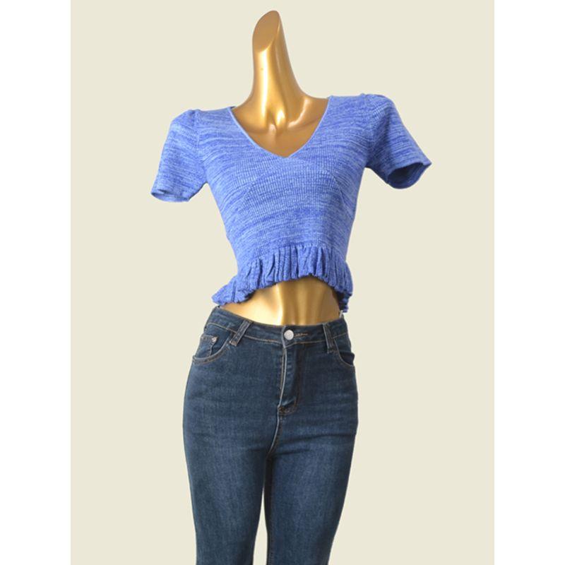Export Ruffle V-neck Knitting Short-Sleeved T-shirt Export High Waist Short Puff Sleeves Sweet Sexy Chic Bottoming Shirt