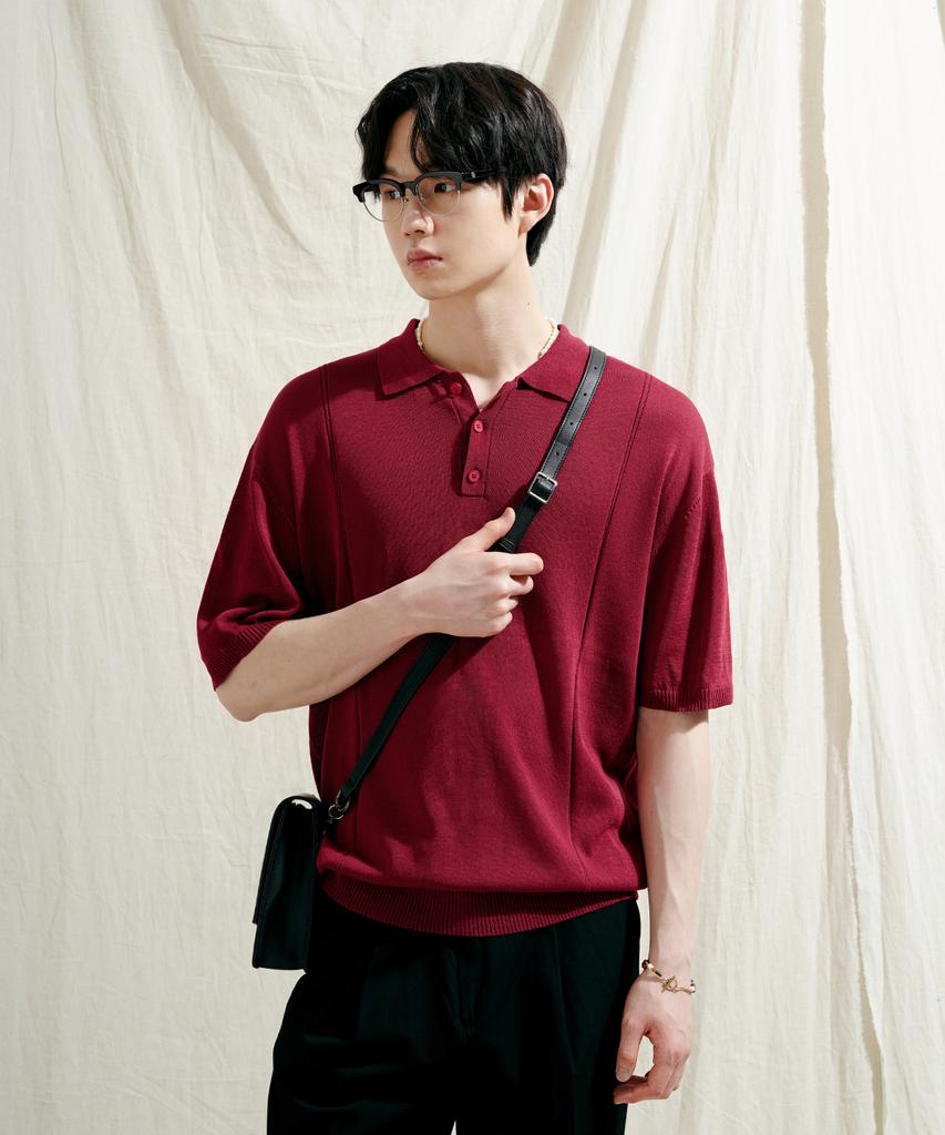 JEMUT Epic Like Linen Short Sleeve Collared Knit Deep Red Sokn2562