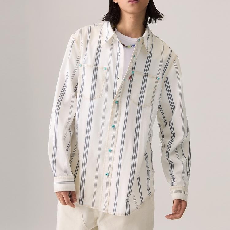 Levis Simple Comfortable Versatile Striped Long Sleeve Shirt Men shirts White 003KW-0001