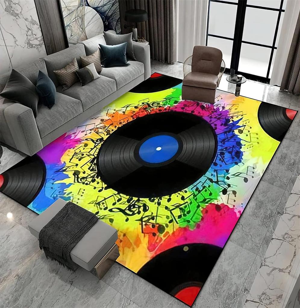 Record Area Rug CD Card Living Room Rugs Vintage Disc Print Decor Doormat Music Theme Carpet Non Slip Soft Indoor Floor Mat