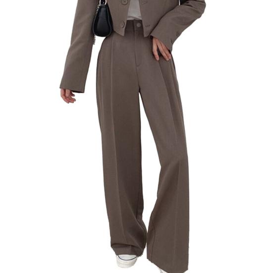 Women Pants High Waist Button Zipper Closure Casual Wide Leg Solid Color Trousers