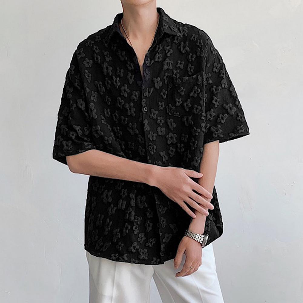 Men Short Sleeve Shirt Turn-down Collar Tee with Embossed Flower Pattern Retro Style Loose T-Shirt for Daily Beach Wedding Offic
