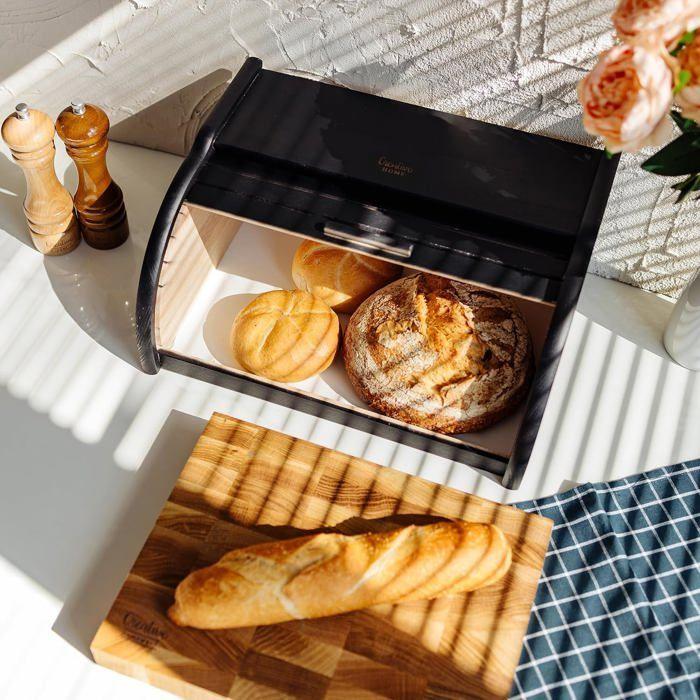 Boîte à Pain Noire - CREATIVE HOME - 38 x 28,5 x 17,5 cm - Bois de hêtre - Industriel - Loft