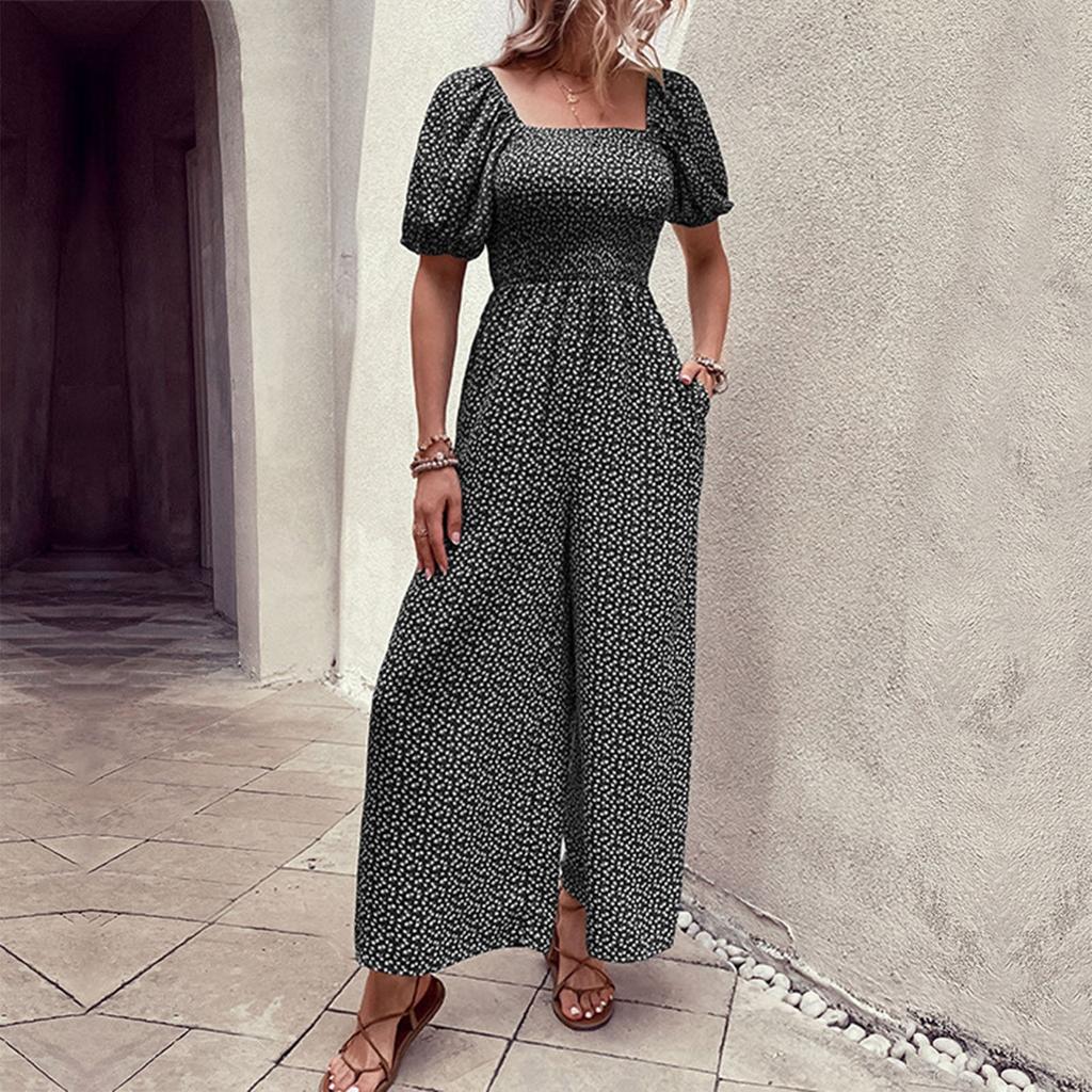 Women's Square Neck Puff Sleeve Wide Leg Printed Jumpsuit